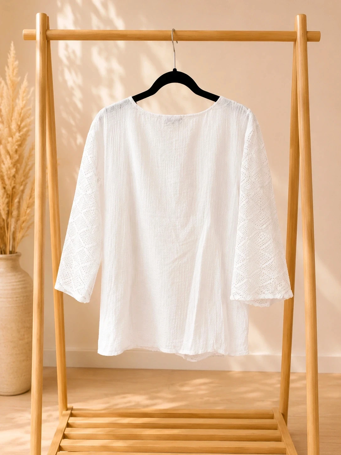 White bohemian blouse XL with sheer lace openwork sleeves – photo 2